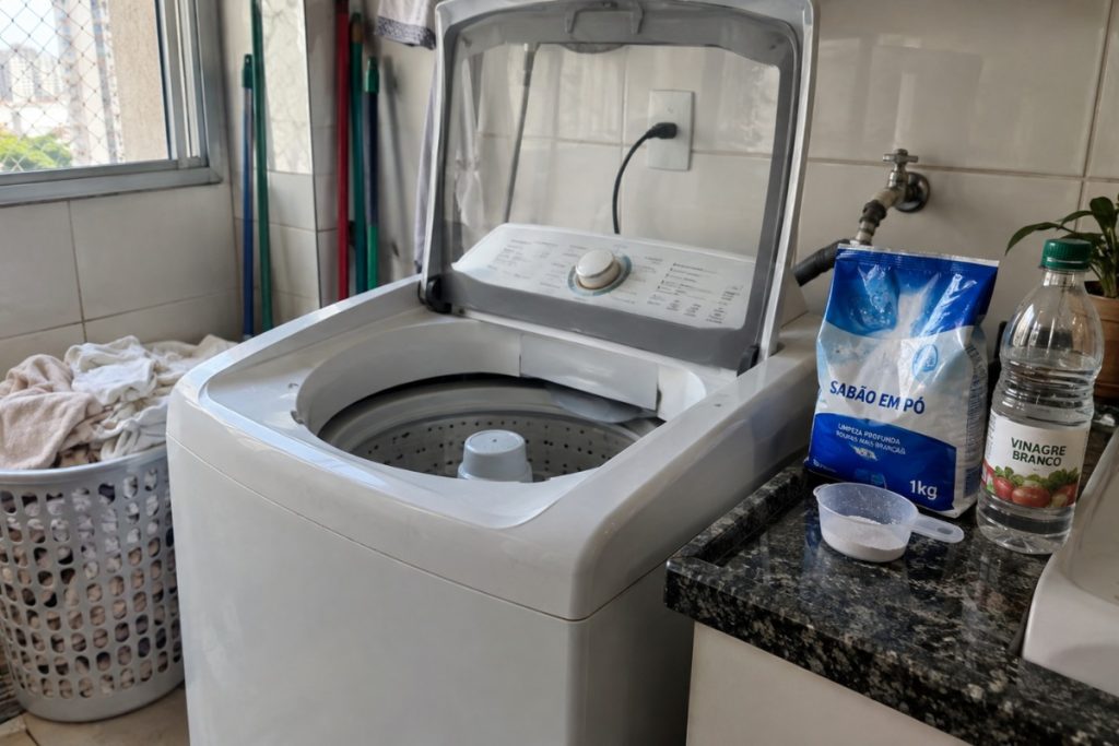 Máquina de lavar em lavanderia doméstica com sabão em pó e frasco de vinagre branco posicionados separadamente.