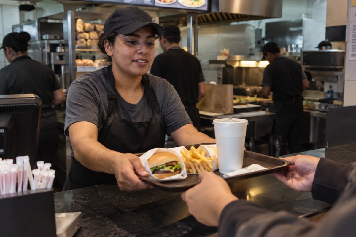 Atendente entrega bandeja com lanche em balcão de restaurante de fast food, com cozinha e funcionários ao fundo