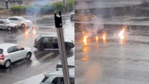 Fio caído ficou soltando faíscas após forte chuva em Goiânia.
