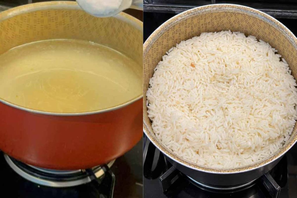 preparo de arroz branco