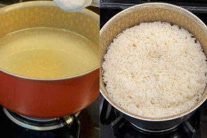 preparo de arroz branco