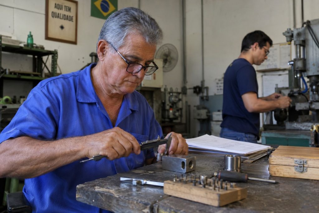 Profissional com cerca de 60 anos realiza tarefa cuidadosa no trabalho enquanto colega mais jovem aparece ao fundo