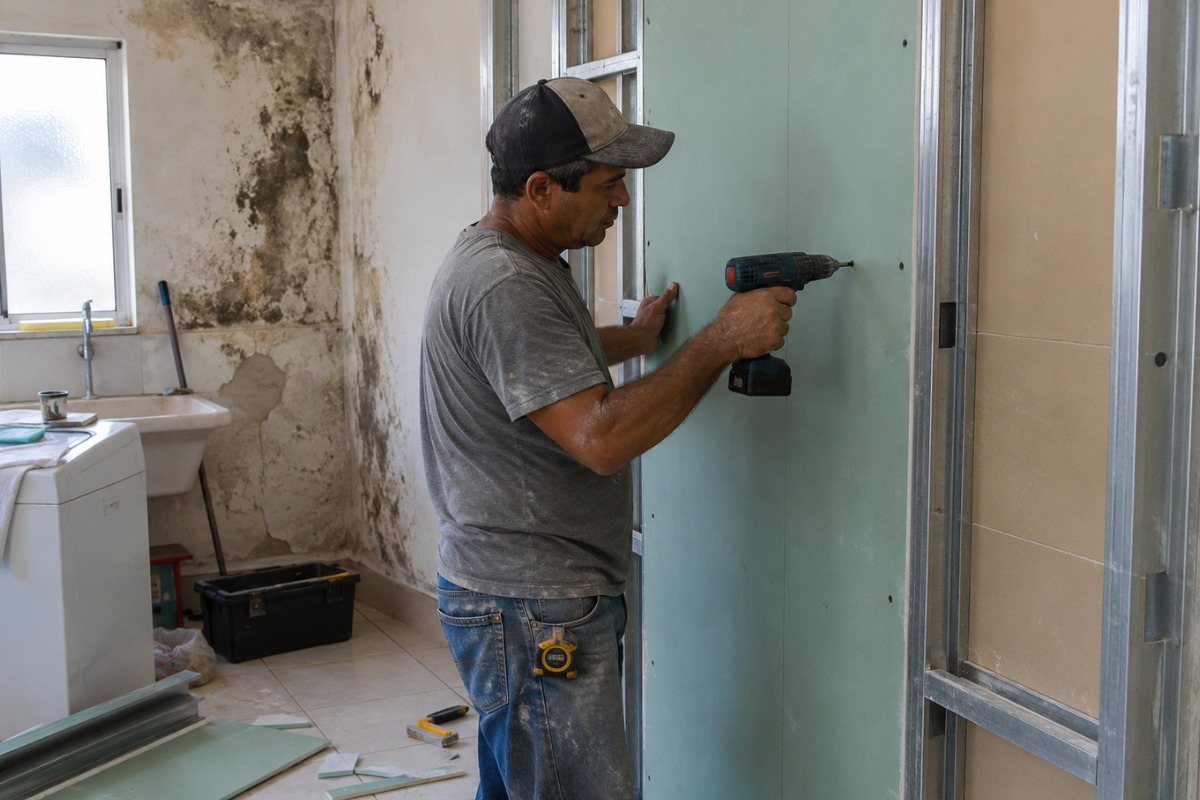 Pedreiro instala placa de gesso resistente à umidade diante de parede com pequenas manchas de mofo