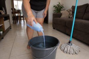 Mulher adiciona pequena quantidade de amaciante em balde com água antes de passar pano no piso de casa
