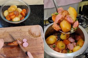 linguiça com batata arroz e feijão