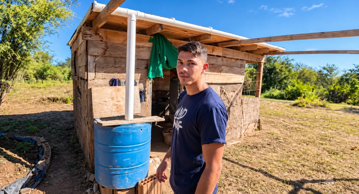 Chegando aos 40 anos, homem decide abandonar a segurança do emprego na fábrica para construir sozinho uma casa de barro longe da cidade e em meio à tranquilidade da natureza