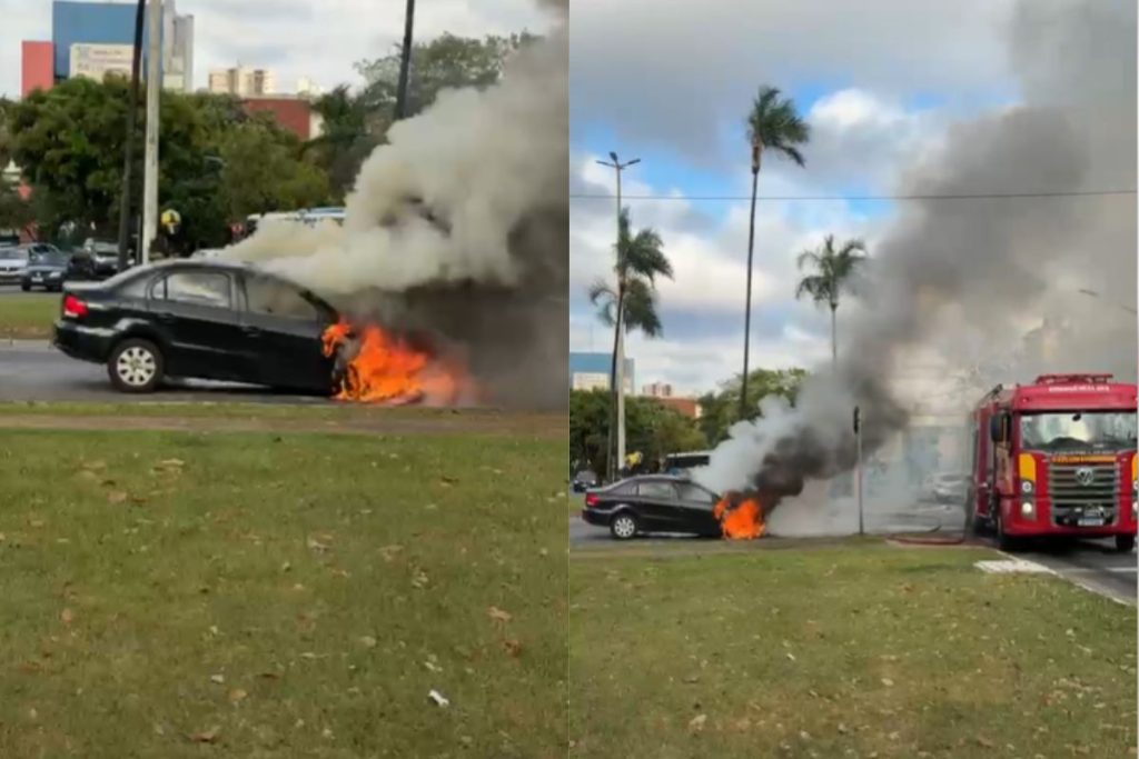 Carro pega fogo sozinho na Praça Universitária, em Goiânia, e bombeiros são acionados para conter chamas