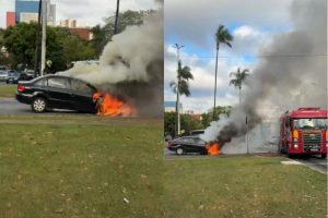Carro pega fogo sozinho na Praça Universitária, em Goiânia, e bombeiros são acionados para conter chamas