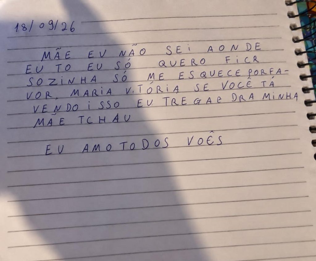Carta deixada por Familly para a família. (Foto: Reprodução/@anapolis_news)