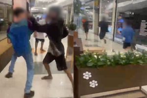 Vídeo mostra troca de agressões entre torcedores ligados às organizadas de Goiás e Vila Nova dentro do Passeio das Águas Shopping. (Foto: @trindadeuai.br) torcidas