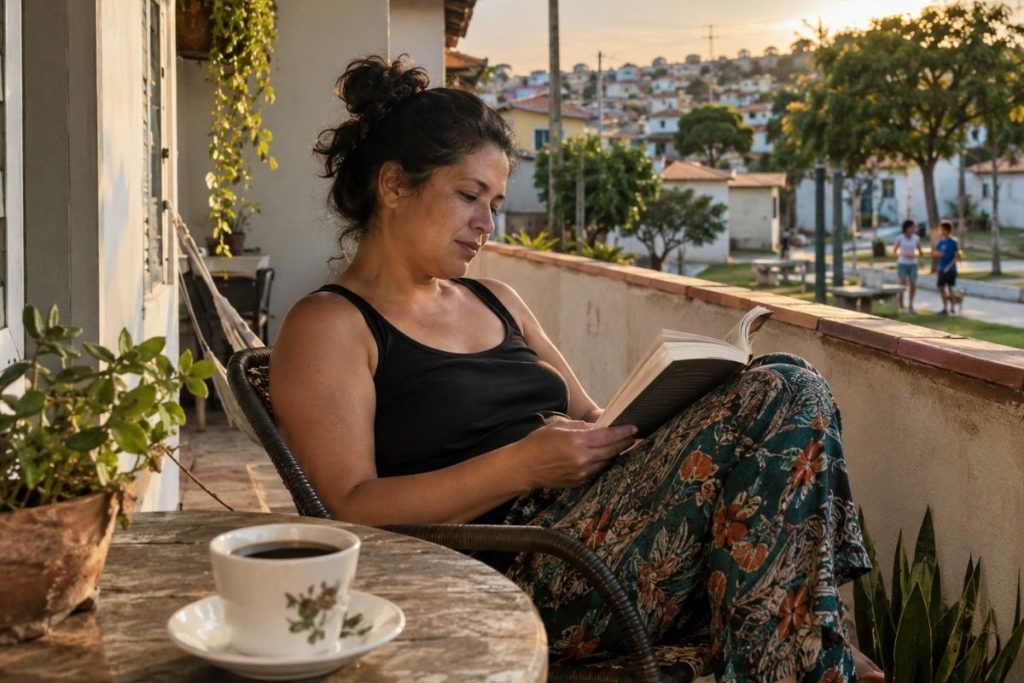 Pessoa adulta aproveita momento sozinha enquanto lê em ambiente tranquilo