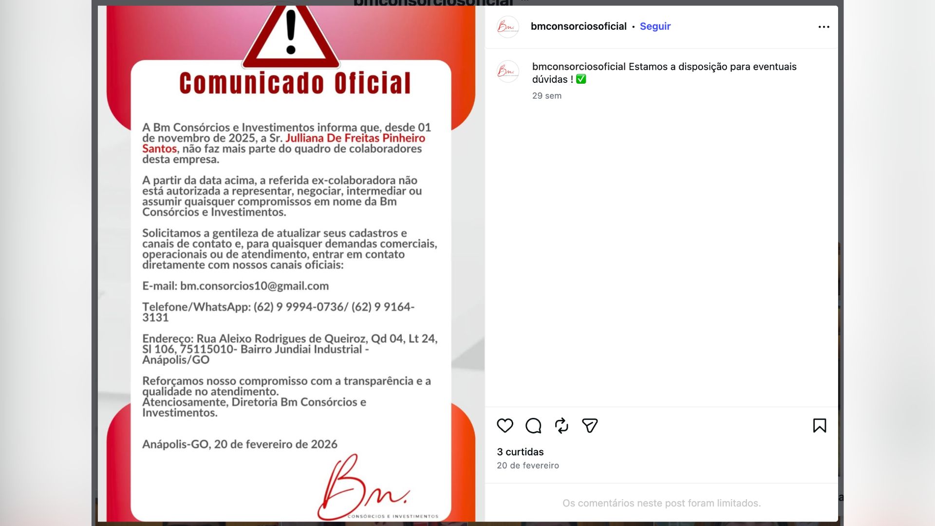 Postagem feita pela BM Consórcios indicando o desligamento de Julliana. 