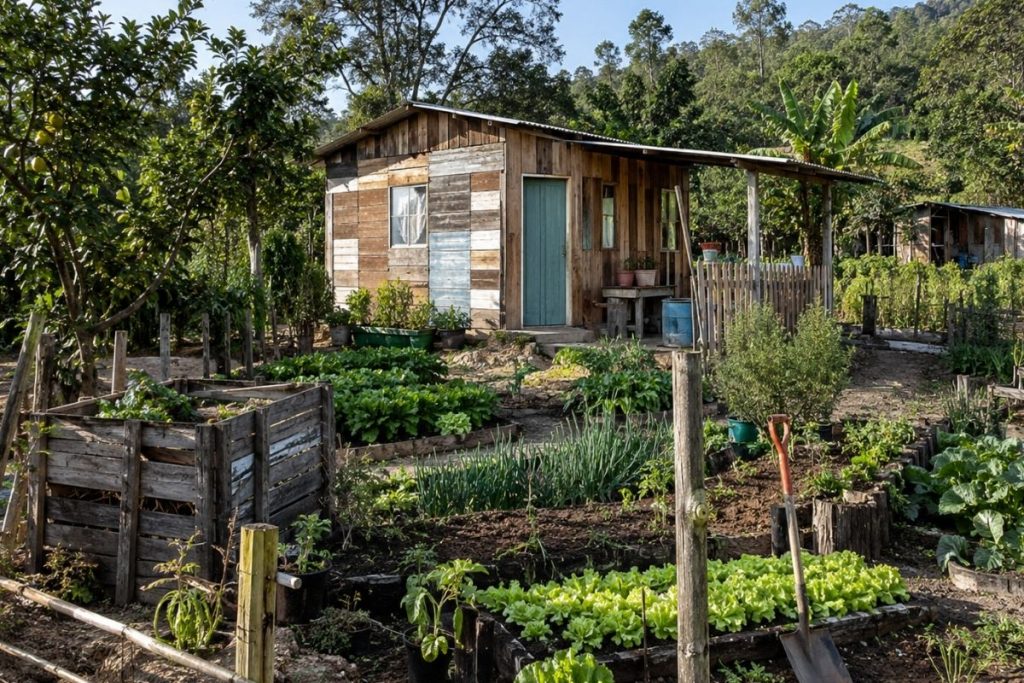 Pequena propriedade rural construída aos poucos com madeira e outros materiais reaproveitados, cercada por uma horta produtiva e estruturas simples feitas pelo próprio morador.