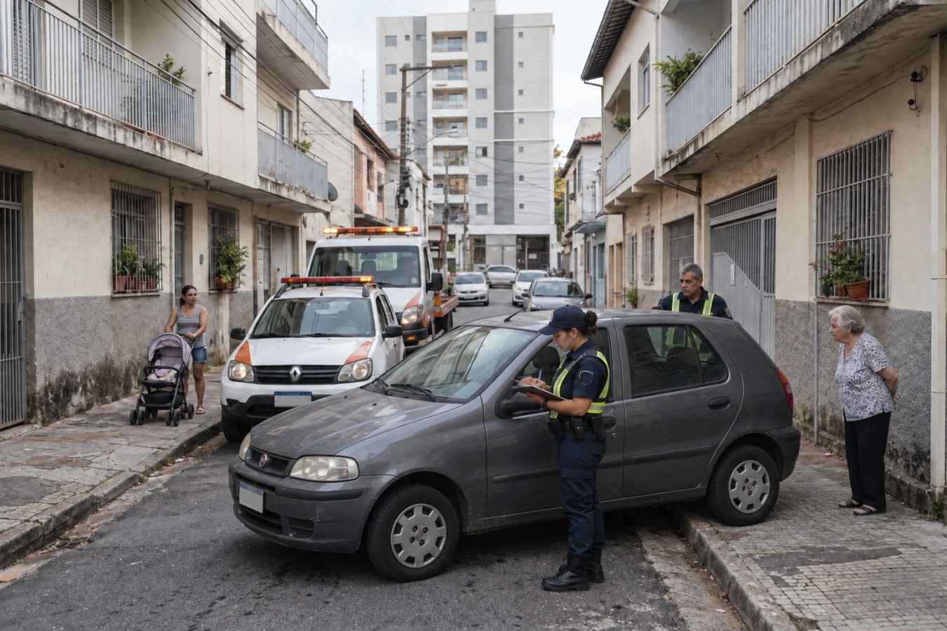 Motorista estaciona com 2 rodas sobre a calçada para não atrapalhar o trânsito em rua estreita, e é multado por bloquear a passagem de pedestres