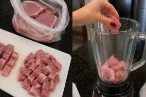 cortar lombo suíno em cubinhos e bater no liquidificador