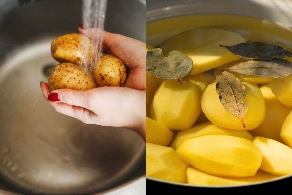 Batatas sendo cozidas com louro