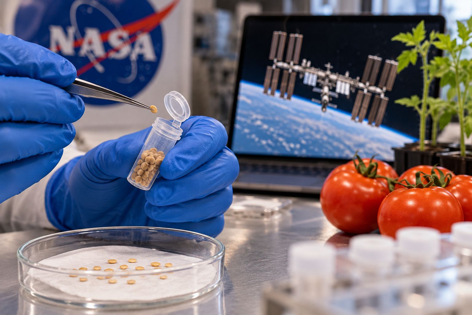 sementes de tomate no espaço