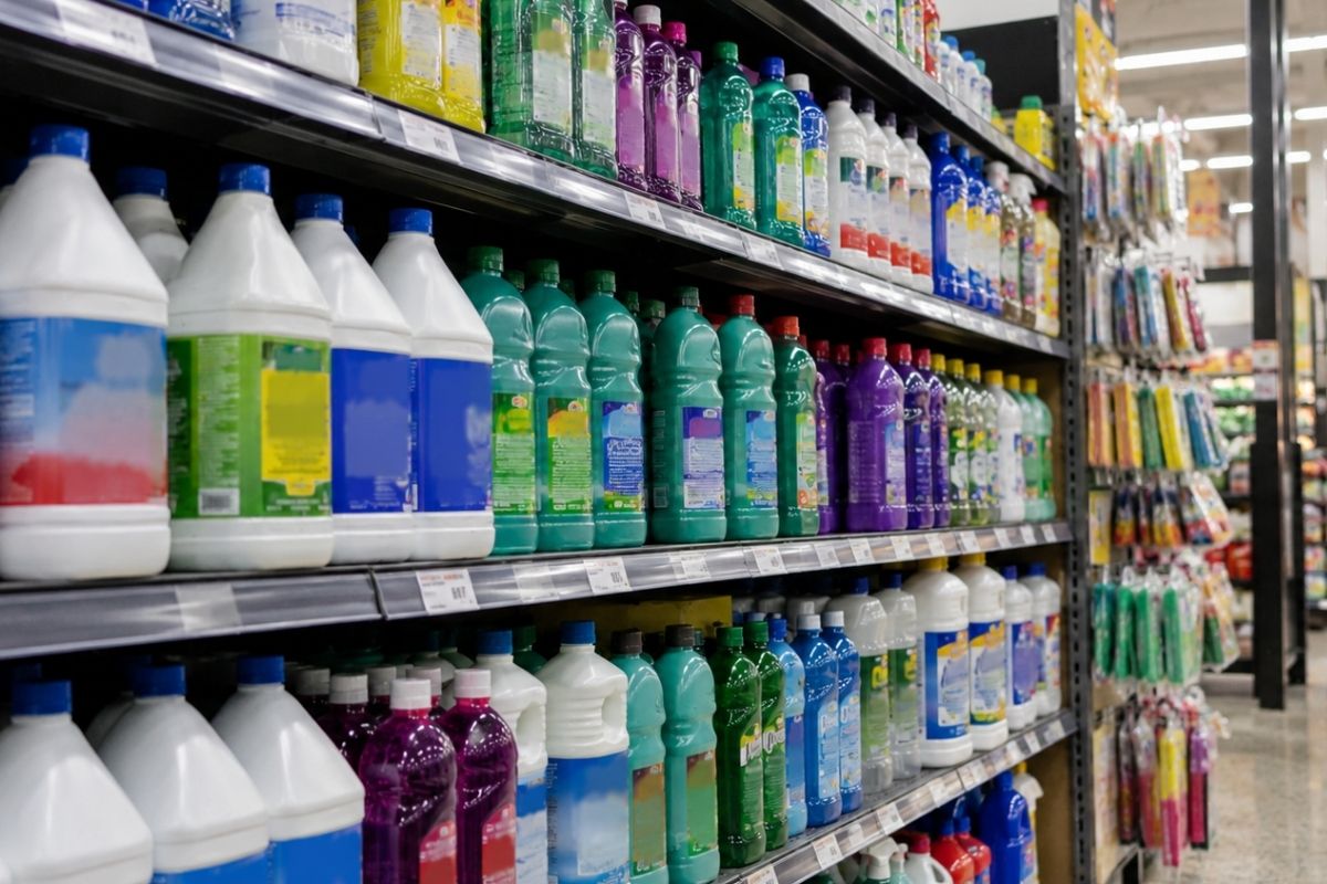 Prateleira de supermercado com produtos de limpeza semelhantes aos itens fiscalizados pela Anvisa.