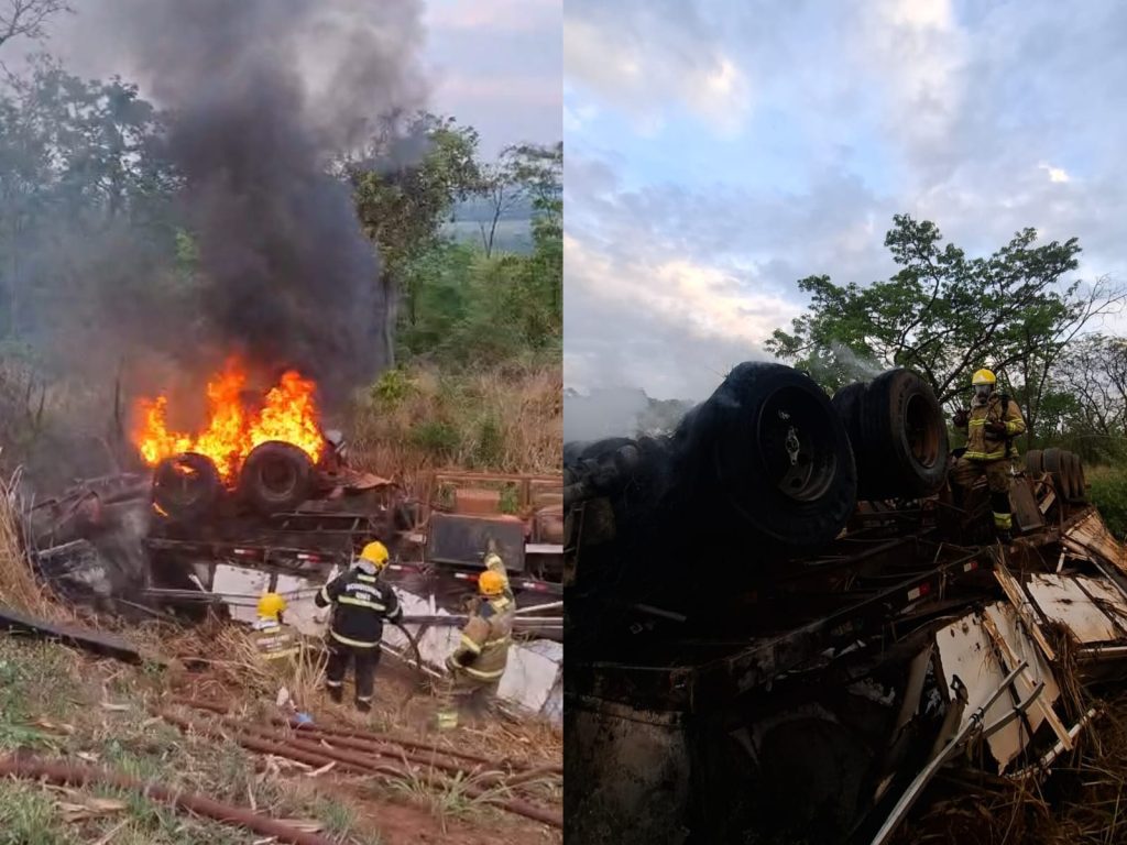 Motorista morre carbonizado após carreta sair da pista e pegar fogo na BR-364, em