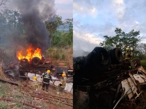 Motorista morre carbonizado após carreta sair da pista e pegar fogo na BR-364, em