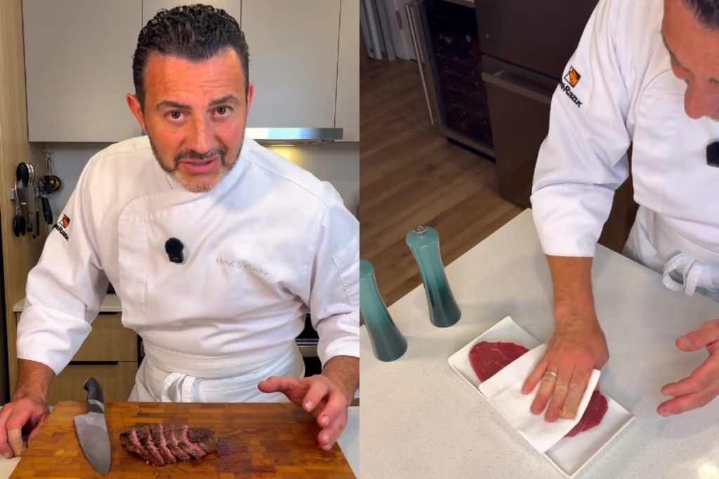 Michel Vallandro, chef de cozinha: “antes de colocar a carne na frigideira, deixe chegar à temperatura ambiente e seque bem os dois lados com papel-toalha. Esse cuidado faz toda a diferença para a carne selar melhor e ficar mais saborosa”