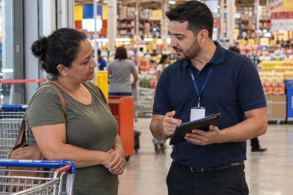 Consultor de vendas apresenta cartão e serviços financeiros a cliente dentro de supermercado