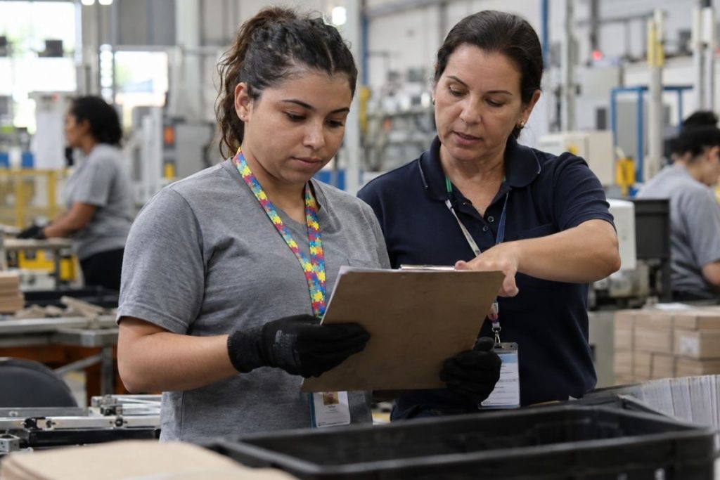 Funcionária recebe orientação durante treinamento em ambiente de produção industrial