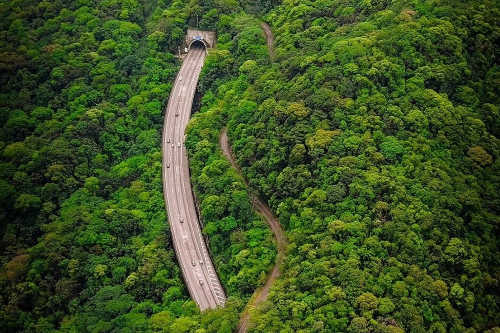 Rodovia brasileira com mais de 58 km corta a Mata Atlântica com viadutos de até 70 metros, passa por dentro de morros com túneis e tem 20 km de curvas suaves para reduzir os riscos sob neblina