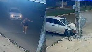 Vídeos mostram quando homem persegue e atropela a companheira em Aparecida de Goiânia.
