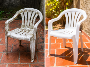 Antes e depois de uma cadeira de plástico