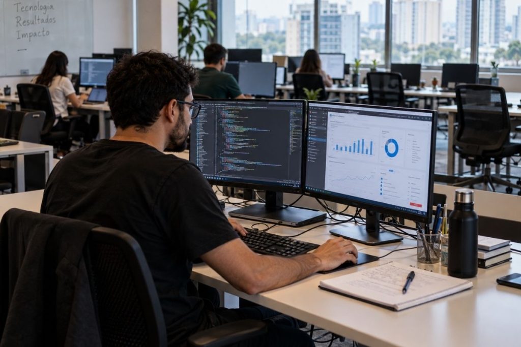 Profissional de tecnologia trabalha diante de computadores em escritório com posições de trabalho vazias ao fundo.