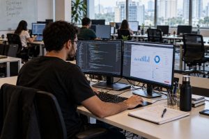 Profissional de tecnologia trabalha diante de computadores em escritório com posições de trabalho vazias ao fundo.