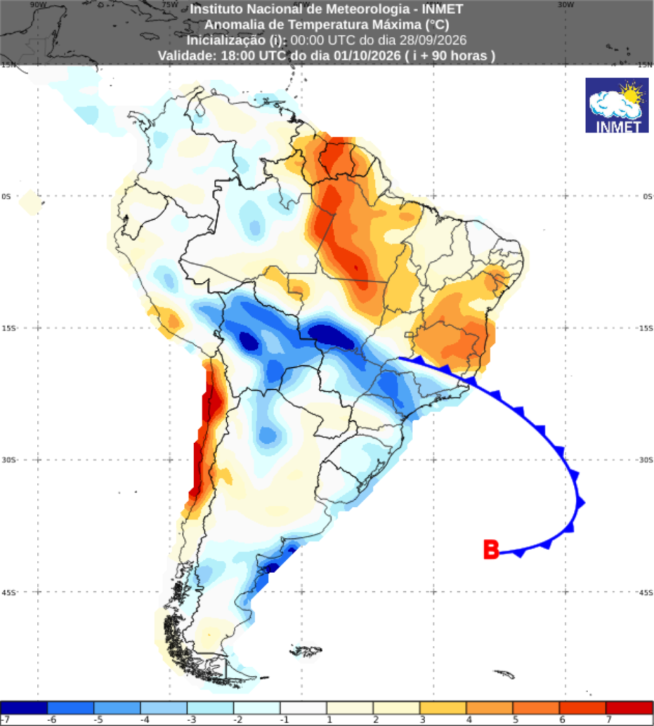 Mapa mostra avanço da frente fria sobre o Centro-Oeste e a redução das temperaturas acima da média prevista para quarta-feira (30). (Imagem: Reprodução/Inmet)