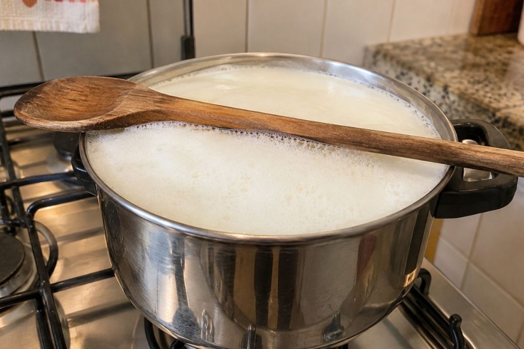 Colher de madeira atravessada sobre panela com leite formando espuma durante a fervura.