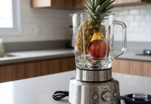 Bater abacaxi e maçã no liquidificador: