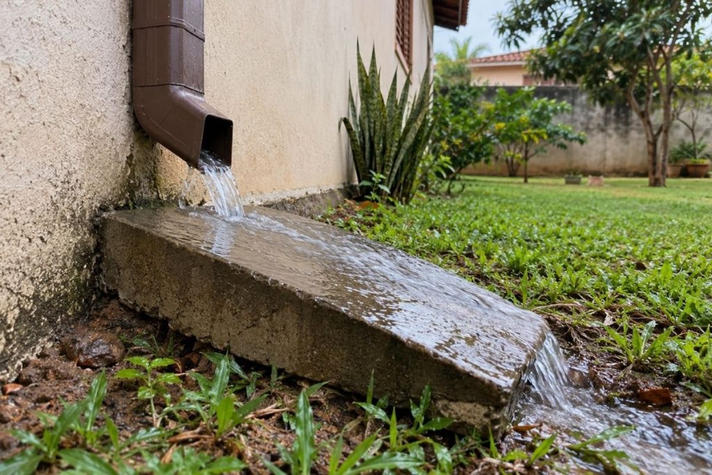 Pedra inclinada direciona água da chuva para longe da parede sob a saída de uma calha.