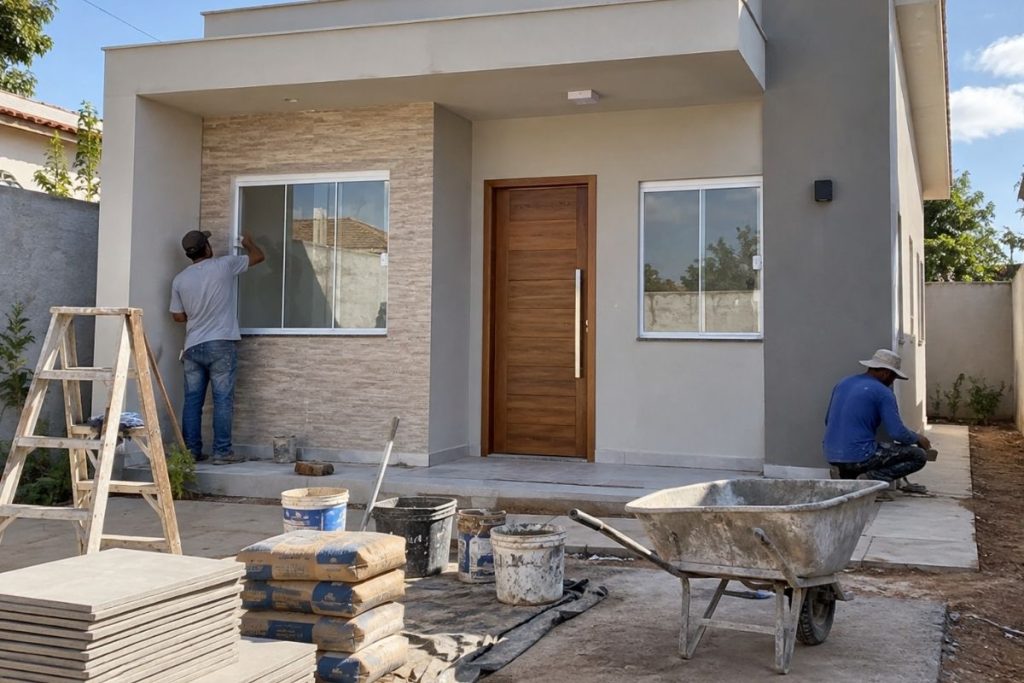 Casa térrea compacta em fase de construção com trabalhadores e materiais no terreno