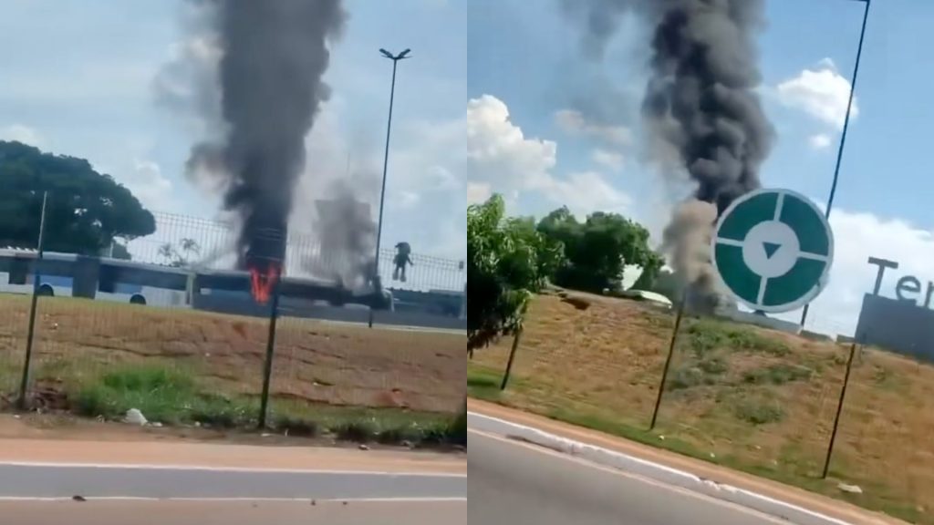 Vídeo mostra fumaça se espalhando após ônibus pegar fogo em Goiânia.