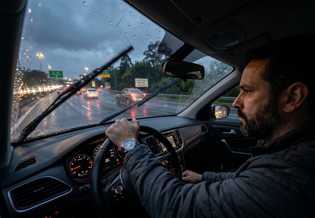 Motorista liga o limpador de para-brisa durante chuva forte