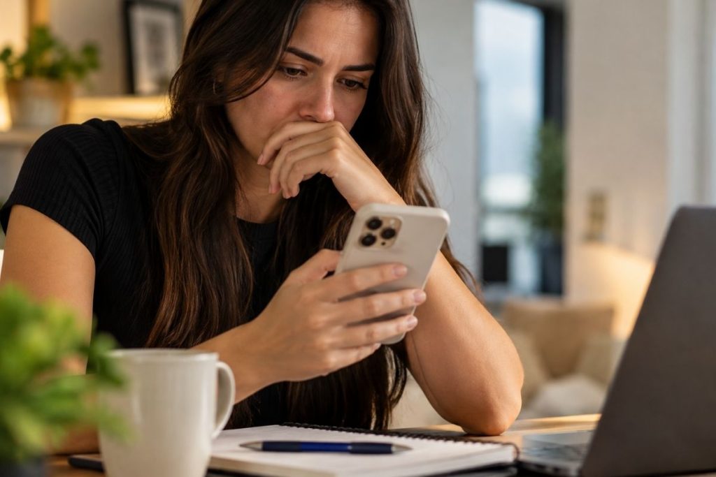 Pessoa observa mensagem recebida no celular relacionada ao trabalho.