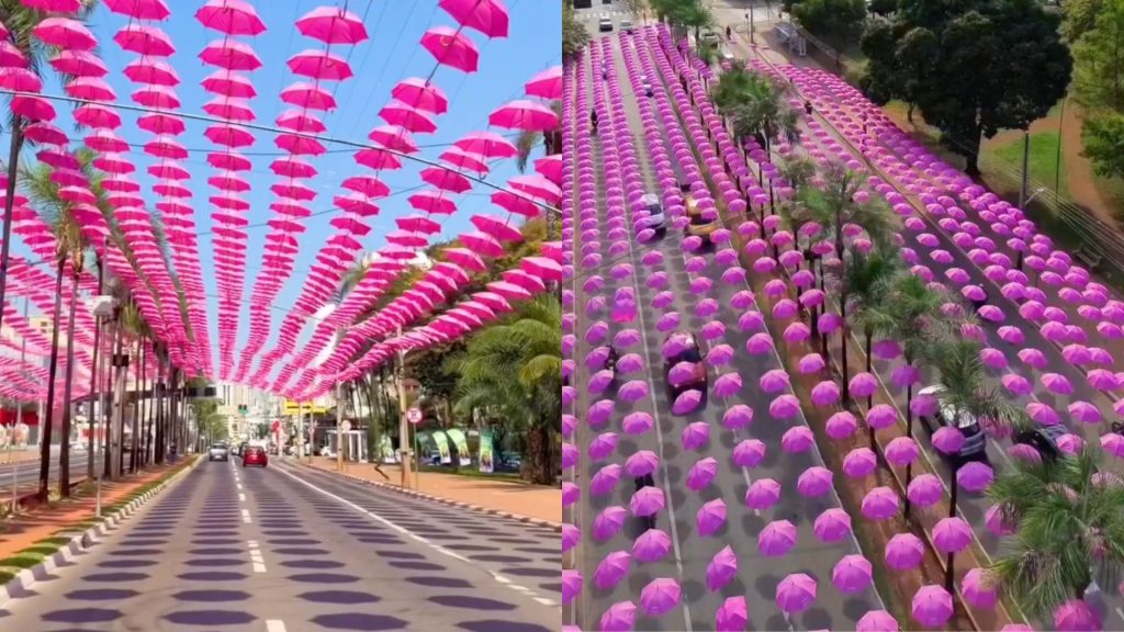 Túnel de guarda-chuvas rosa foi montado na avenida Assis Chateaubriand, próximo à Praça da Tamandaré.
