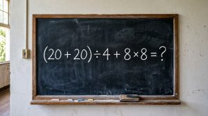 Quase ninguém consegue e a maioria começa pela parte errada: (20 + 20) ÷ 4 + 8 × 8