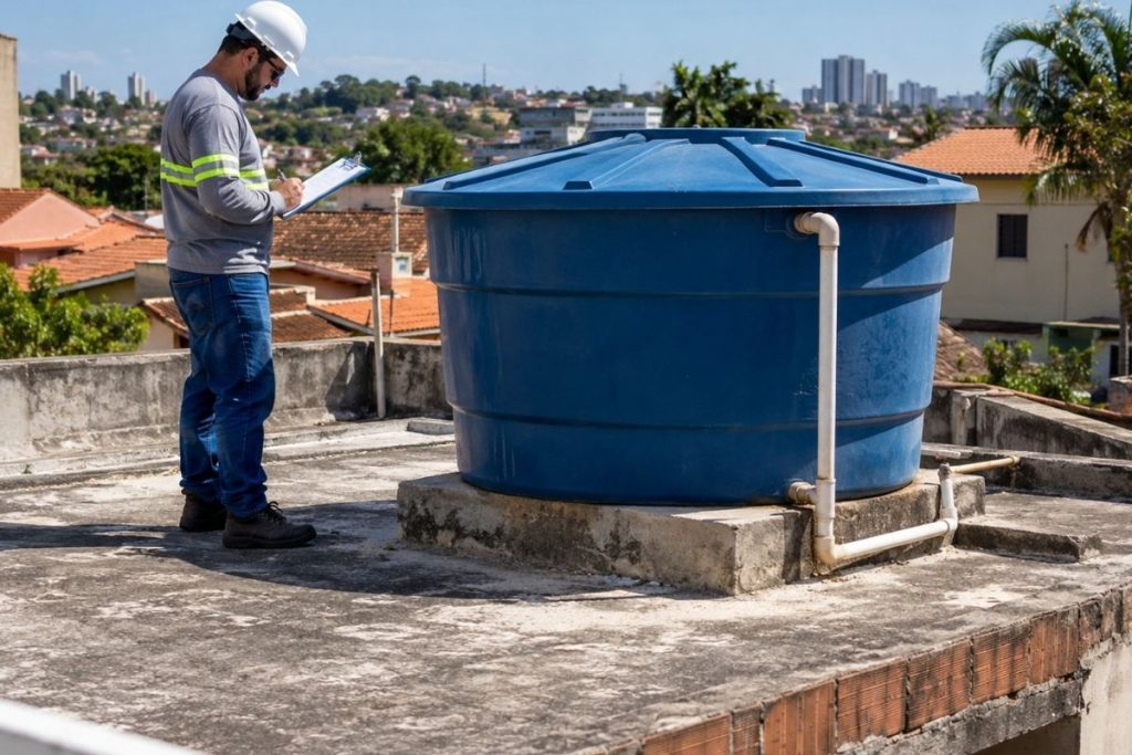 Caixa-d’água grande instalada sobre laje residencial enquanto profissional verifica a estrutura