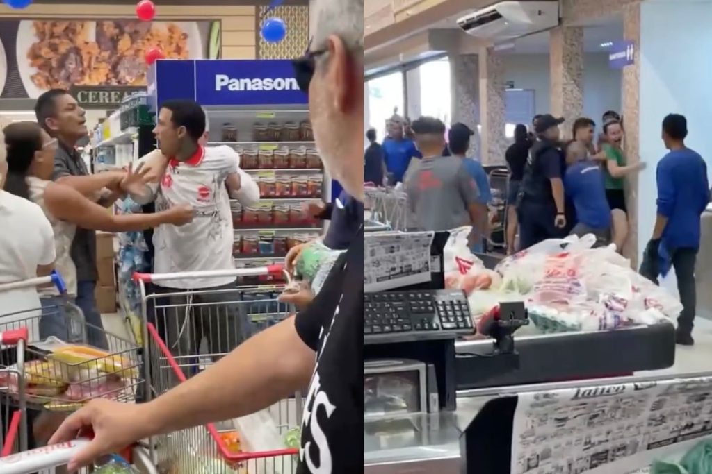 Imagens mostram a confusão dentro do supermercado, no Setor Garavelo, em Aparecida de Goiânia. (Foto: Reprodução/Redes sociais)