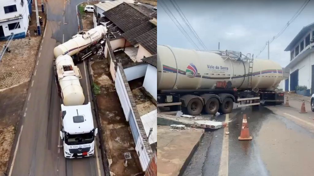 Carreta-tanque perdeu o controle e invadiu casa em Anápolis.