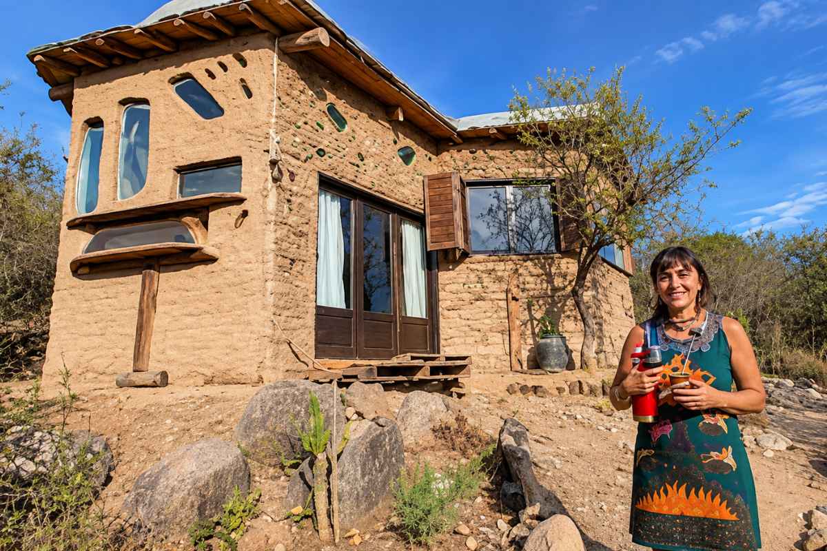 Mulher constrói a própria casa usando barro