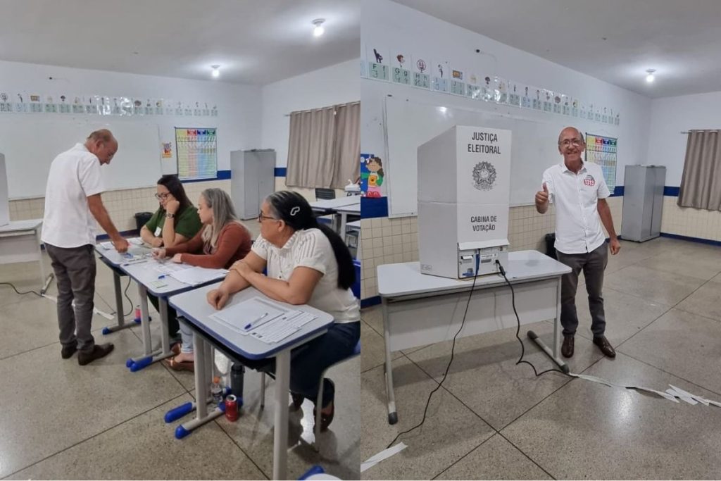 Rubens Otoni concede entrevista após votar no Colégio Municipal Rodrigo Ribeiro de Paiva, em Anápolis (Foto: Portal 6)