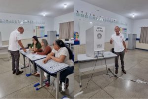 Rubens Otoni concede entrevista após votar no Colégio Municipal Rodrigo Ribeiro de Paiva, em Anápolis (Foto: Portal 6)
