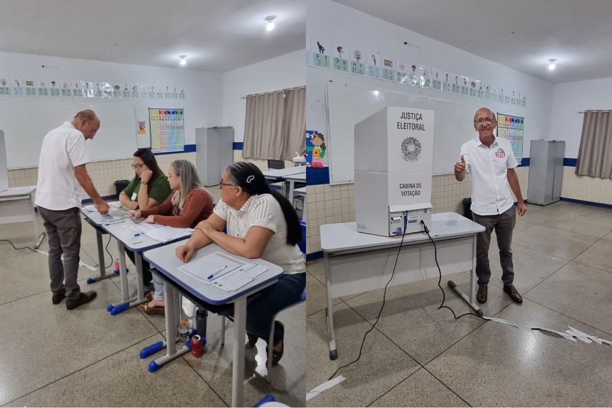 Rubens Otoni concede entrevista após votar no Colégio Municipal Rodrigo Ribeiro de Paiva, em Anápolis (Foto: Portal 6)