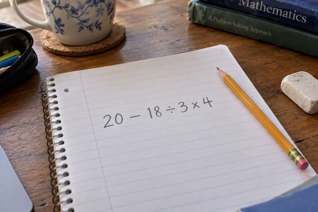 Expressão matemática 20 − 18 ÷ 3 × 4 escrita em folha de caderno